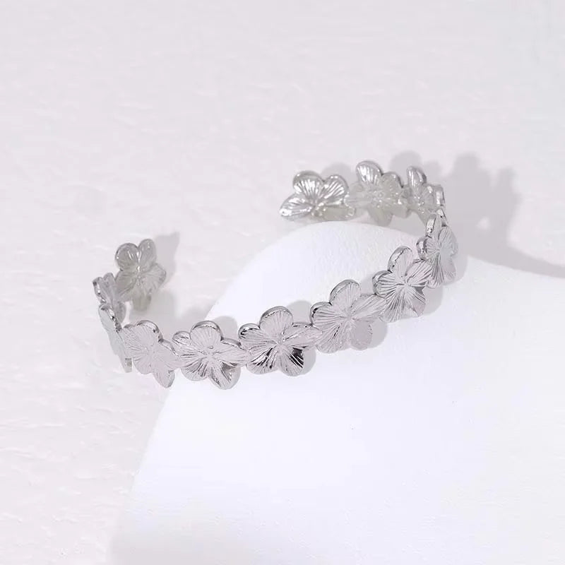 Summer Waterproof Cuff Bangles Bracelet For Women Cute Flower Double Layer Open Stainless Steel Gold Color Star Shell Jewelry