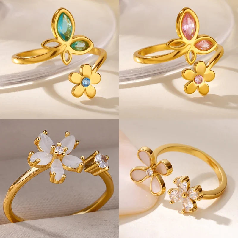 Luxury Zircon Butterfly Flower Rings for Women Stainless Steel Gold Color Cheap Ring Fashion Wedding Couple y2k Jewelry anillos