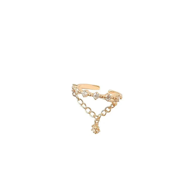 Shinny Rhinestone Gold Color Chain Star Pendant Open Rings Korean Style Woman Fashion Jewelry Wedding Party Girl's Trendy Ring