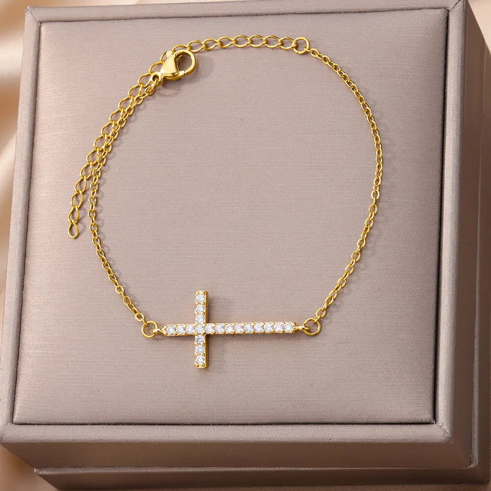 Crystal Cross Bracelets For Women Fashion Gold Plated Stainless Steel Cross Bracelet Vintage Religion Aesthetic Jewelry Gift