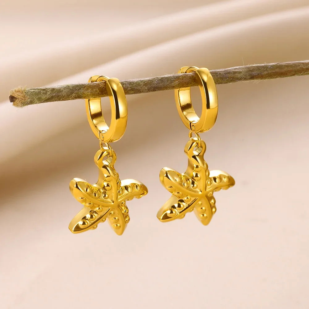 Freshwater Ocean Starfish Shell Hoop Earrings For Women Elegant Stainless Steel Gold Color Aretes Christmas jewelry accessories