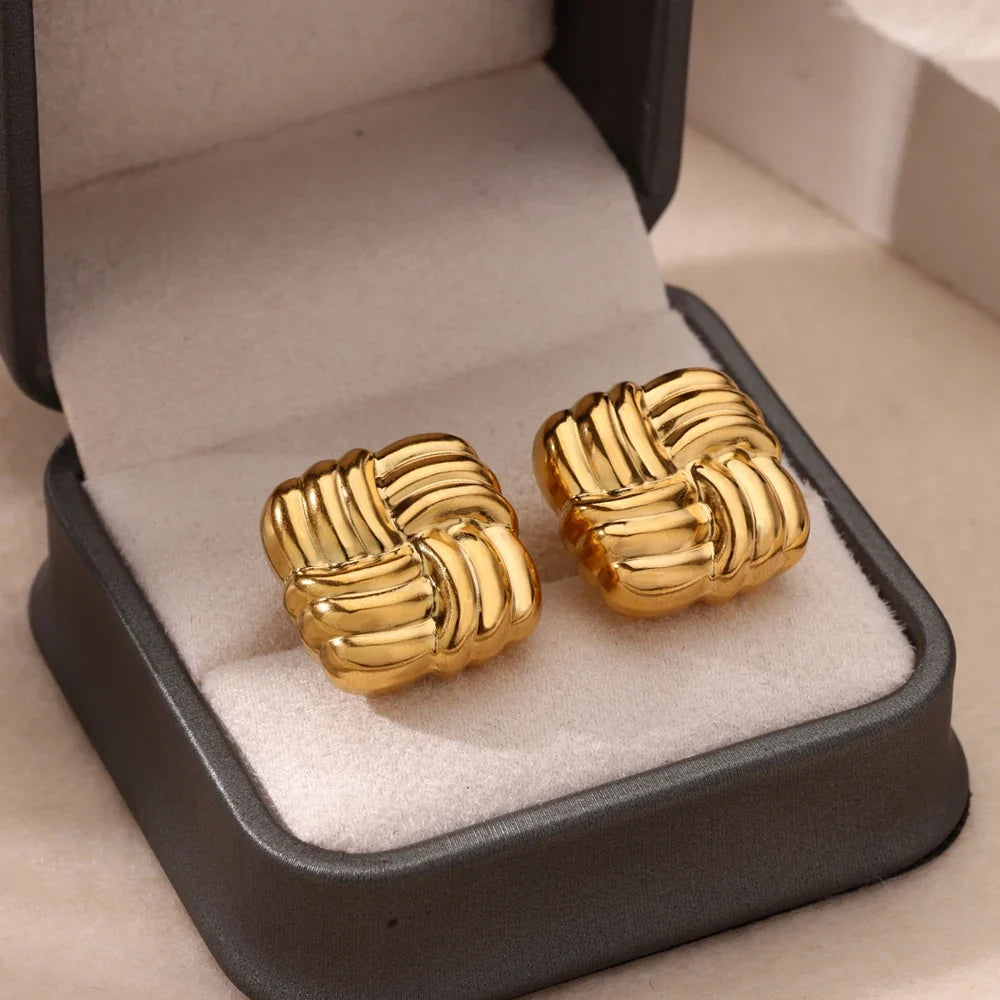 Temperament Square Texture Earring For Women Stainless Steel Gold Color Personality Trend Stud Earring Fashion Jewelry Exquisite