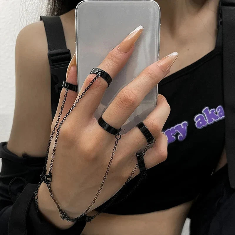 Punk Geometric Black Color Chain Wrist Bracelet Ring For Women Men Open Ring Silver Link Chain Girls Cool Design Fashion Jewelry