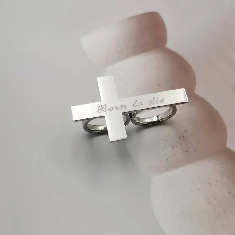 Custom Cross Ring Two Finger Ring Engraving Name Silver Stainless Steel Ring Men Knuckle Jewelry Personalized Gift for Boyfriend
