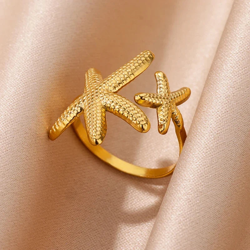 Starfish Shell Conch Stainless Steel Open Rings For Women Gold Color Adjustable Finger Ring Fashion Sea Vacation Jewelry Gifts