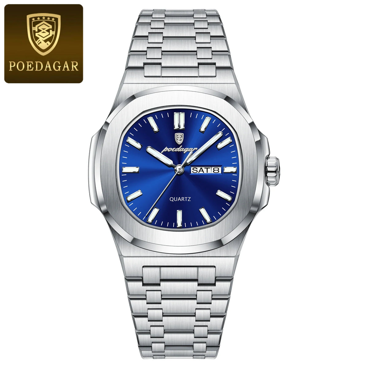 POEDAGAR Trendy Casual Wristwatch For Men Week Date Stainless Steel Man Watch Luminous Waterproof Luxury Quartz Men Watches+Box