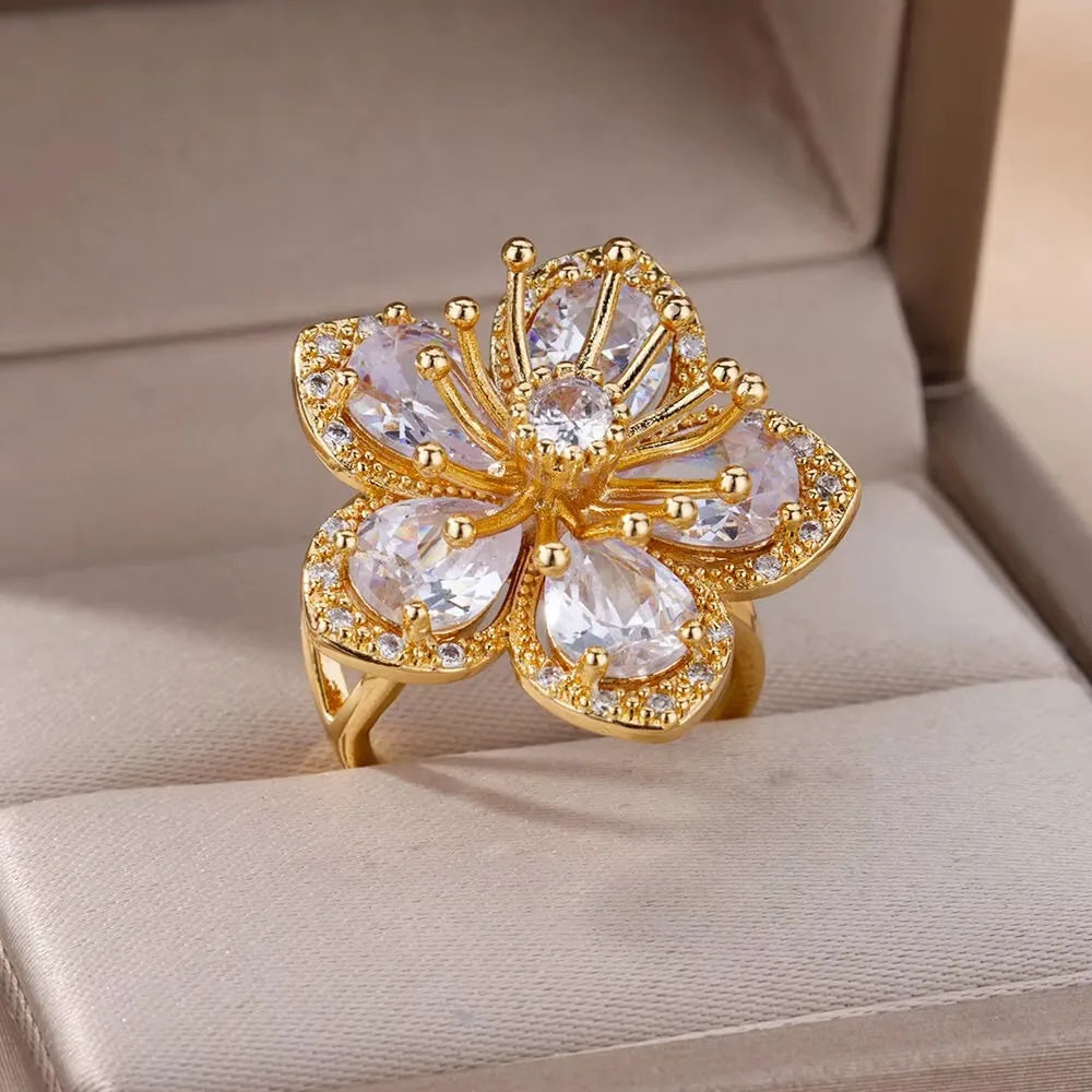 Colored Zircon Double Flower Rings For Women Gold Plated Stainless Steel Flower Opening Ring Wedding Aesthetic Jewelry Gift 2023
