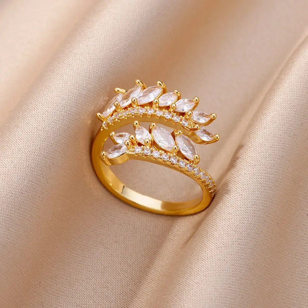 Gold Color Cubic Zircon Rings For Women Open Stainless Steel Green Luxury Crystal Finger Ring Boho Jewelry Wedding Party Gift