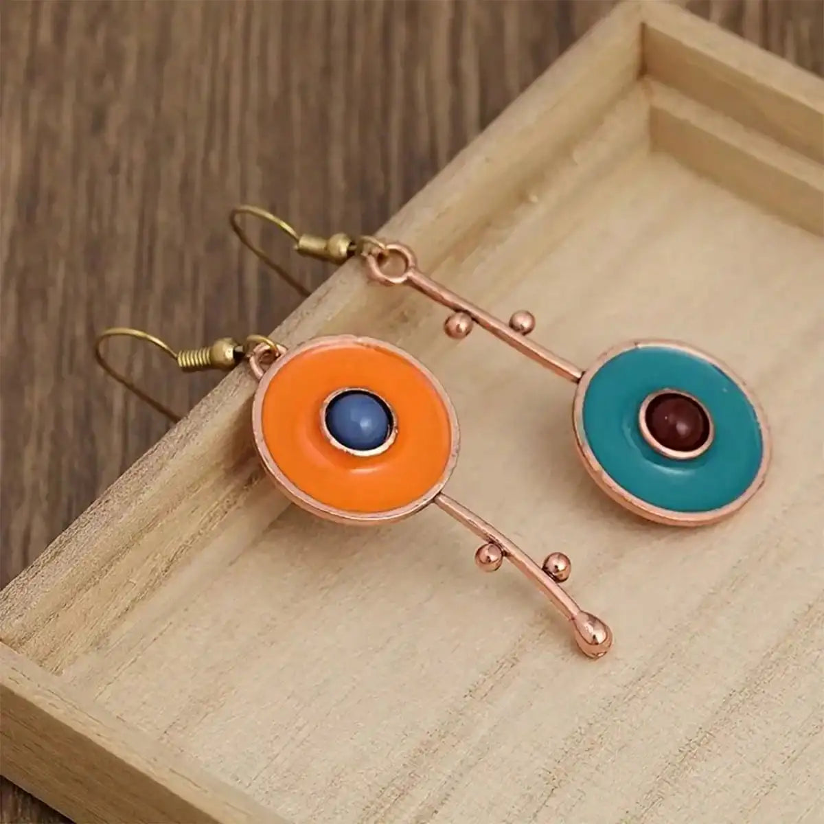 Bronze Metal Painting Pendant Earrings for Women's Ethnic Orange Blue Stone Personalized Earrings Jewelry Accessories