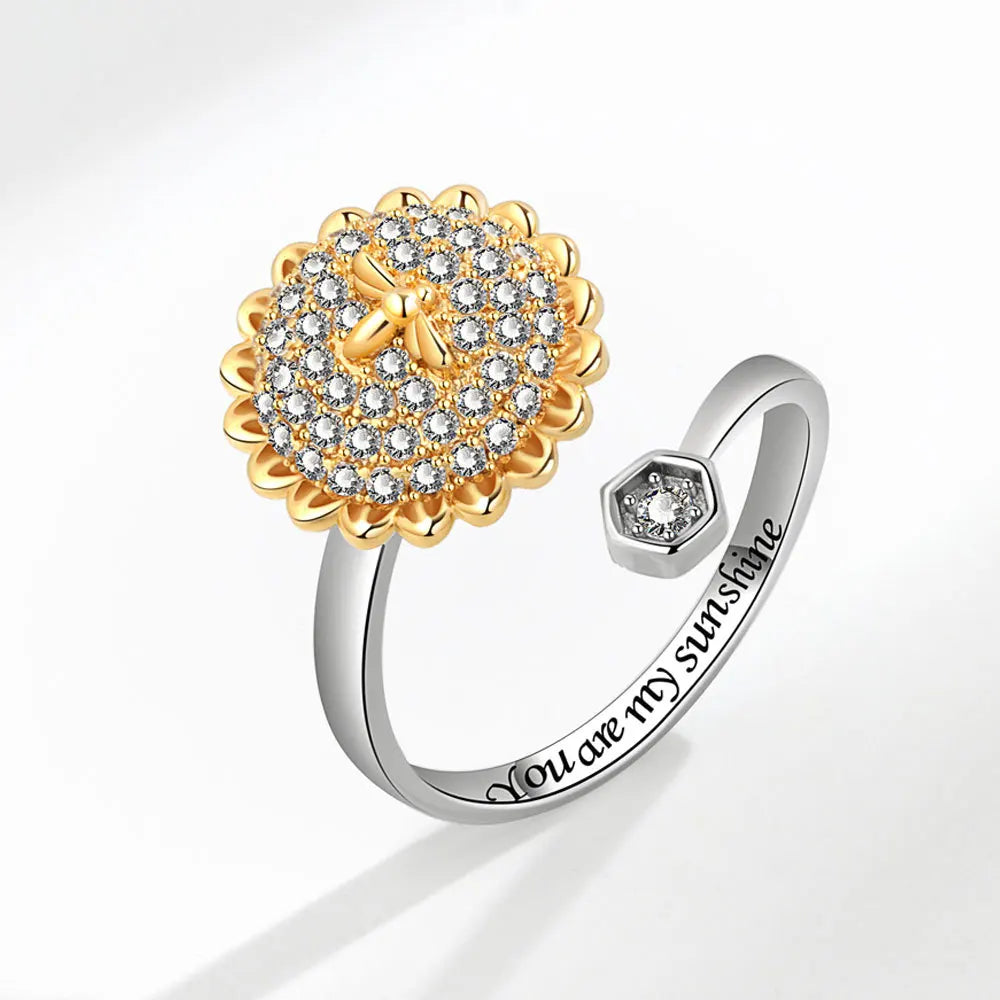 Shining Crystal Sunflower And Bee Fidget Spinner Rings For Women Anti Anxiety Control Anti Stress Rotating Ring Girls Gift