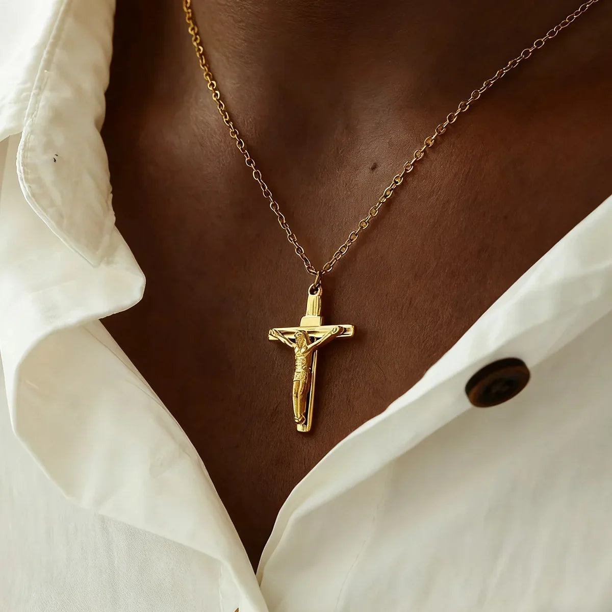 Stainless Steel Jesus Cross Necklace For Women Men Gold Color Caravaca Angels Crucifix Charm Choker Rapper Jewelry Hip Hop Gift