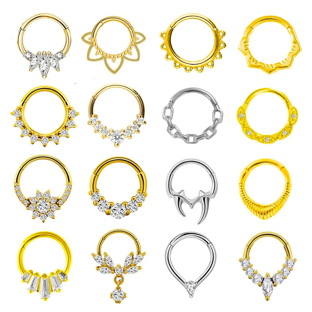 Flowers Nose Ring Septum 100% 316L Surgical Steel Zircon Clicker Daith Piercing Ear Cartilage Helix Hoop Flowers Water Drops