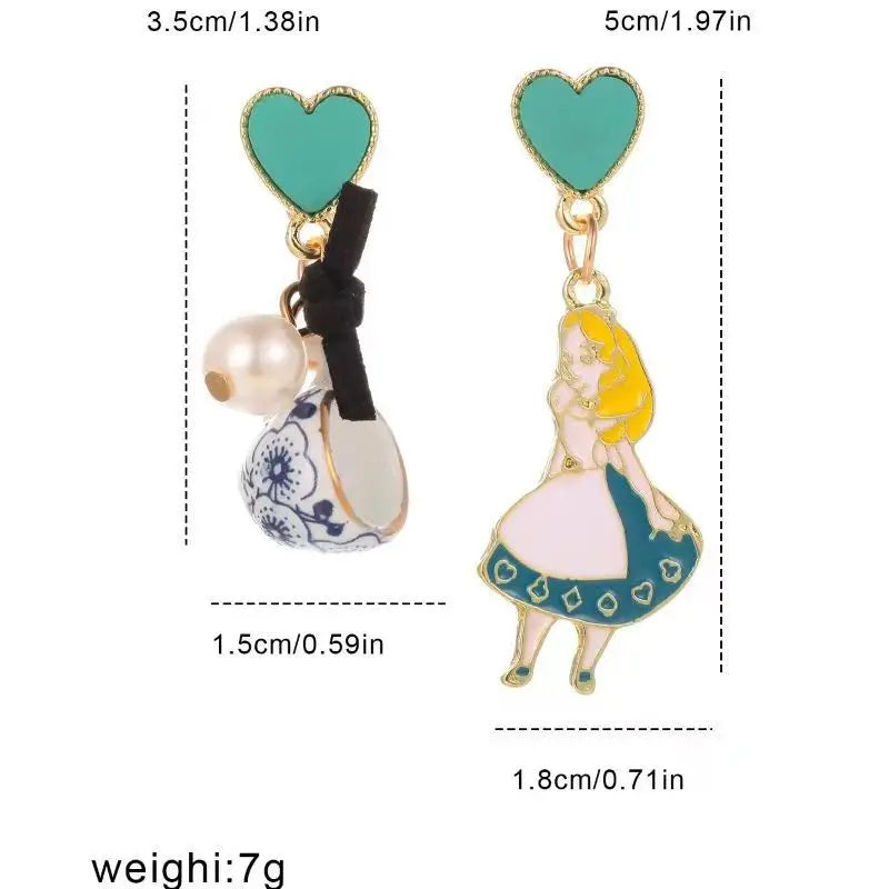 Carton Fairy Tale Princess Alice Asymmetry Earrings Imitation Pearl Blue Heart Dangle Earrings Cute Girls Enamel Earrings