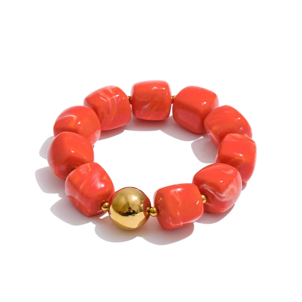 Yhpup Acrylic Square Beads Chain Necklace Bracelet Bangle Stainless Steel Handmade Jewelry Waterproof Green Khaki Pink Amber