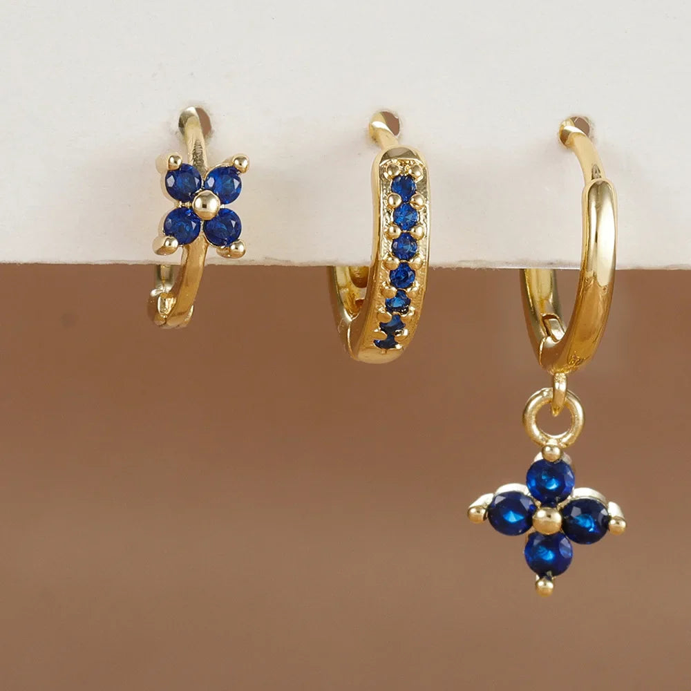 3PCS Fashion Orange Blue Zircon Hanging Earrings Set for Women Stainless Steel Flower Dangle Earring Piercing Jewelry