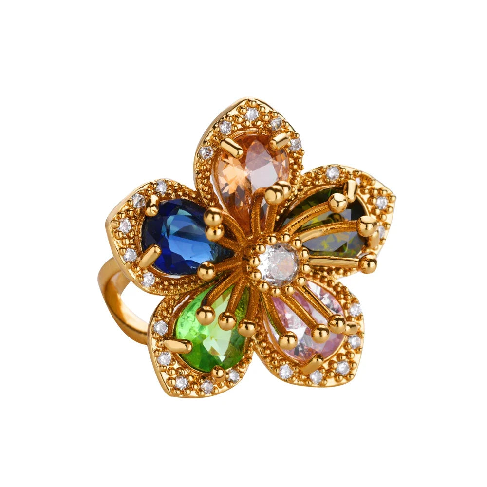 Luxury Colorful Zircon Flower Rings For Women Gold Color Stainless Steel Opening Ring Fashion Wedding Party Aesthetic Jewelry