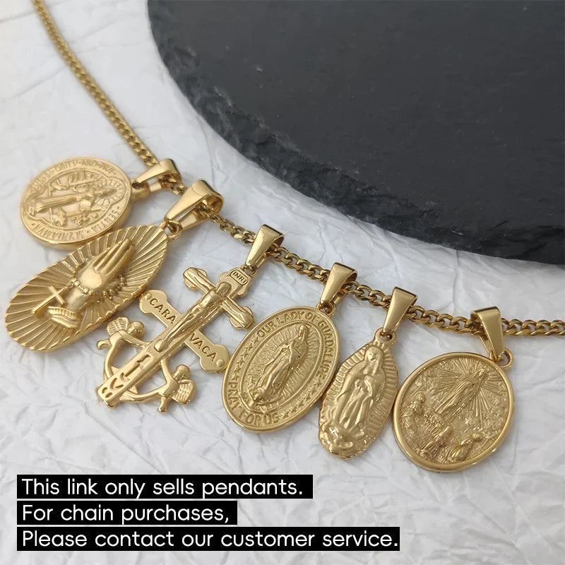 Virgin Mary Saint Michael Cross Prayer Pendant Necklace Gold Stainless Steel Religious Pendants Catholic Women/Men Jewelry