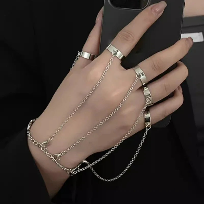 Punk Geometric Black Color Chain Wrist Bracelet Ring For Women Men Open Ring Silver Link Chain Girls Cool Design Fashion Jewelry