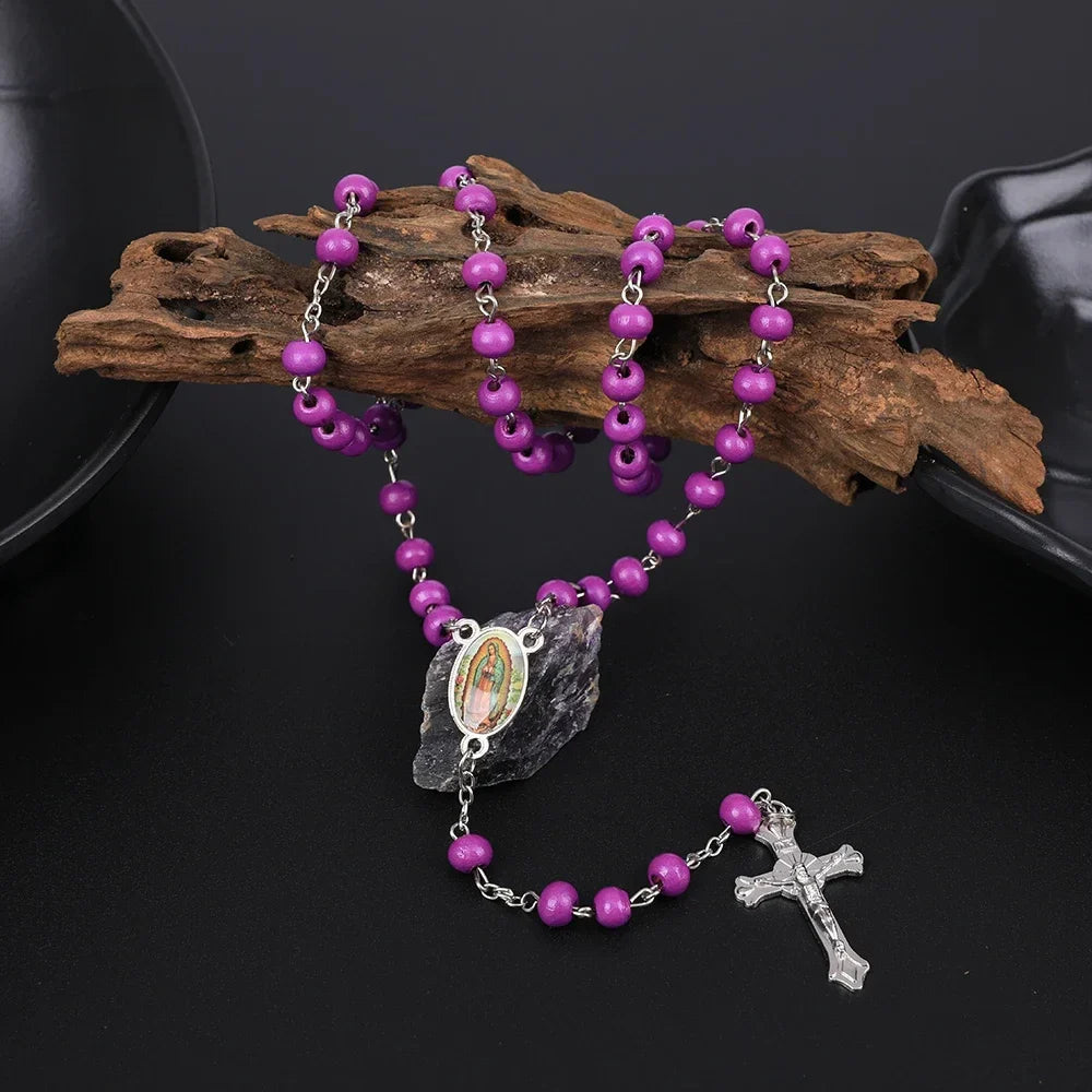 Wood Rosary Necklace For Women 6MM Wooden Prayer Beads Long Chain Religious Virgin Mary Cross Pendant Men Party Jewelry Gift