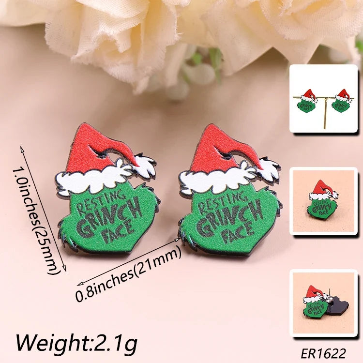 Custom Santa Hats Tree Mouse Head Turkey Glitter Acrylic Christmas Stud Earrings Stainless Steel Jewelry Wholesale