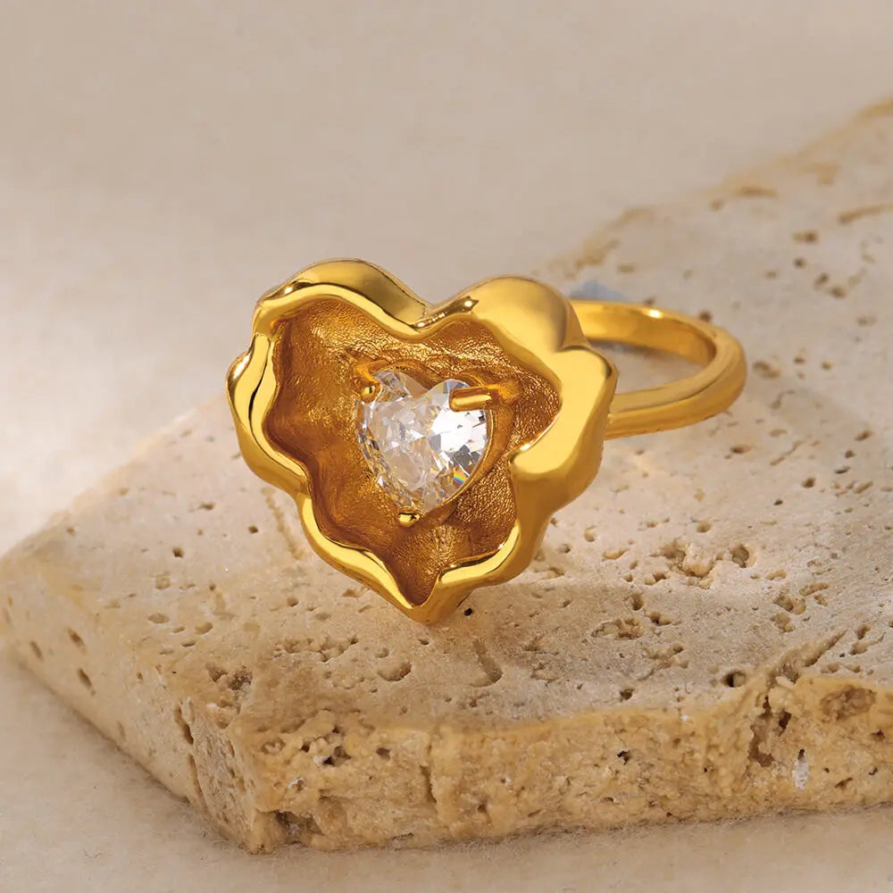 Gold Color Stainless Steel Geometric Rings for Women Zircon Heart Sun Moon Open Ring Fashion Aesthetic Jewelry Wedding Gift