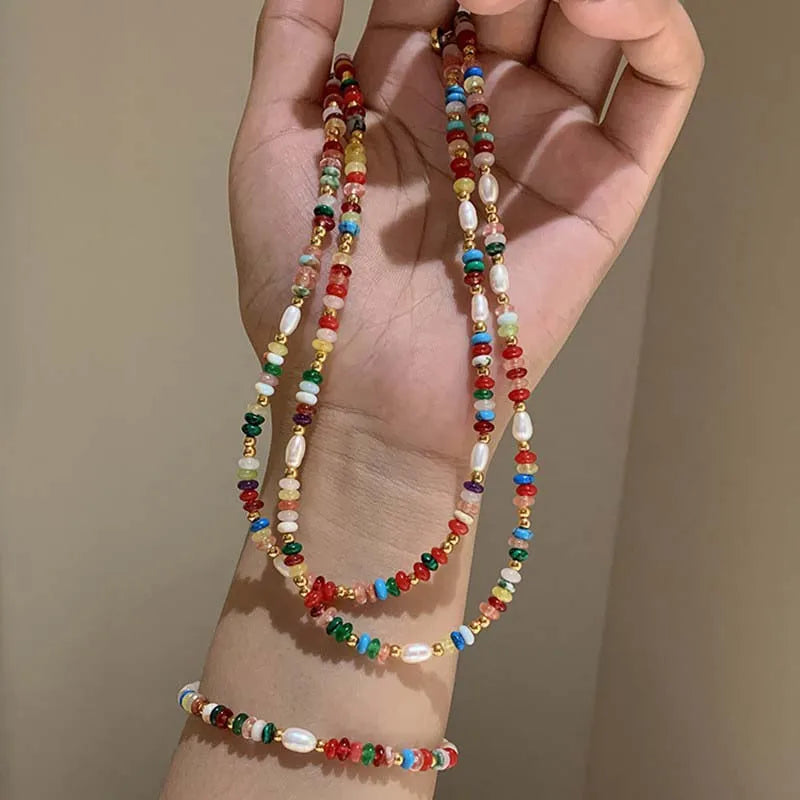 Fashion Colorful Beads Stone Natural Freshwater Pearl Necklaces For Women Retro Gold Color Clavicle Chain Necklace Jewelry Gifts