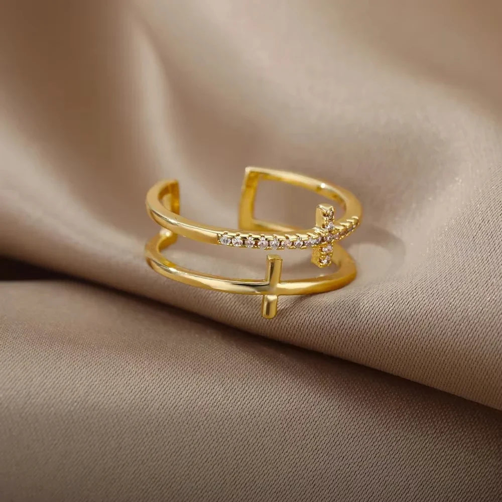 Fashion Zircon Sun Flower Rings For Women Stainless Steel Gold Color Geometric Ring Trendy Wedding Party Aesthetic Jewelry Gifts