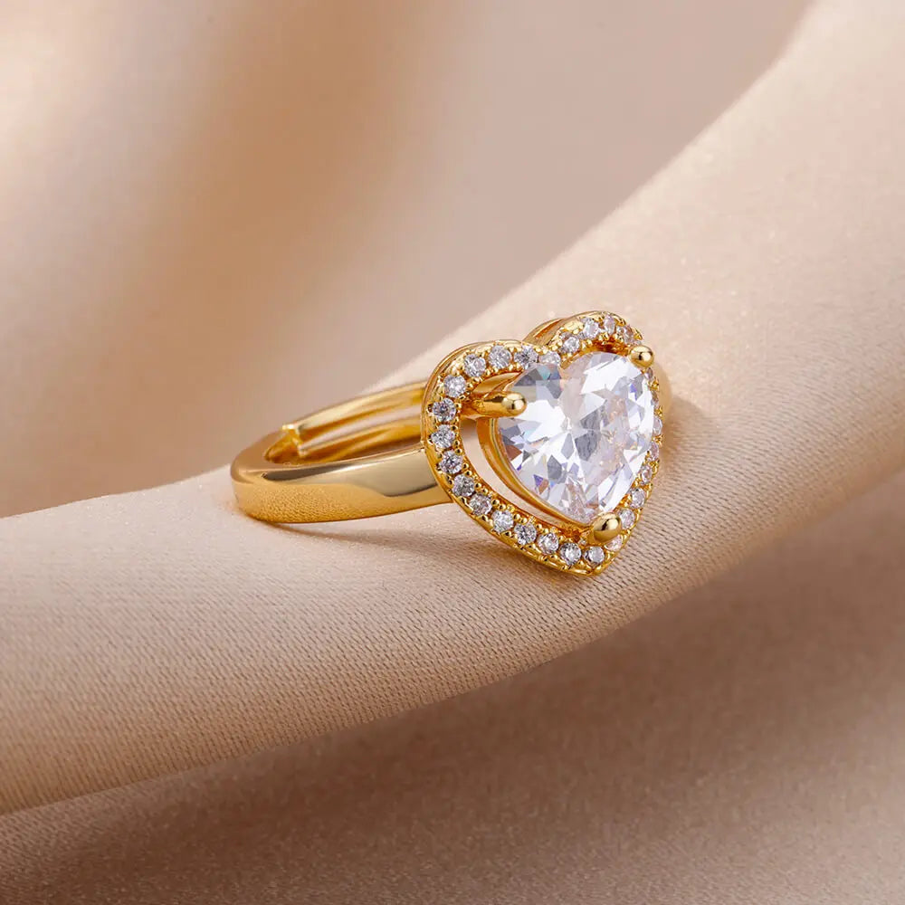 Stainless Steel Heart Rings For Women Zircon Gold Color Heart Adjustable Ring Femme Wedding Party Accessories Jewelry Gift 2024