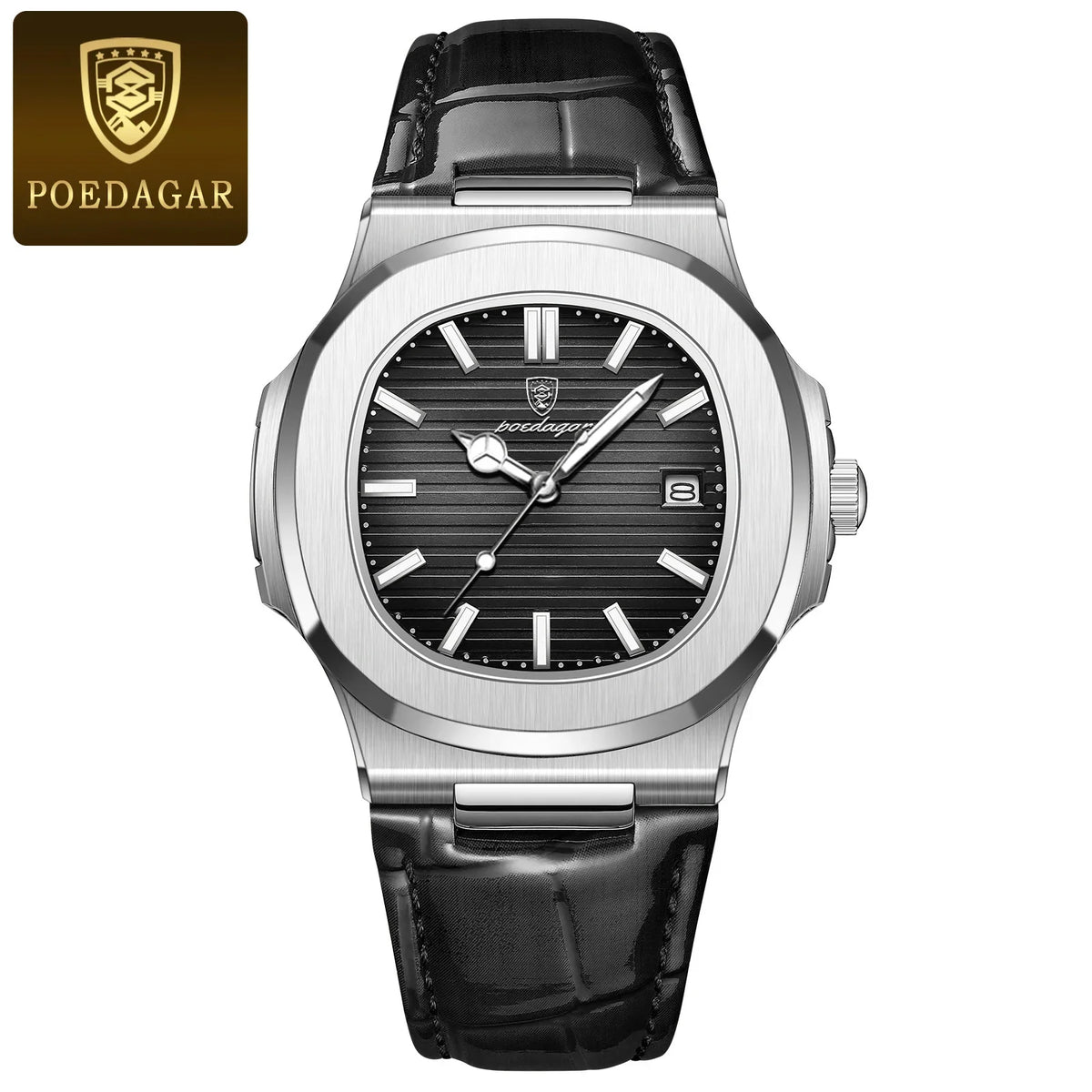 POEDAGAR Fashion Square Men's Watch Waterproof Luminous Date Business Man Wristwatch Casual Leather Quartz Watches For Men Reloj