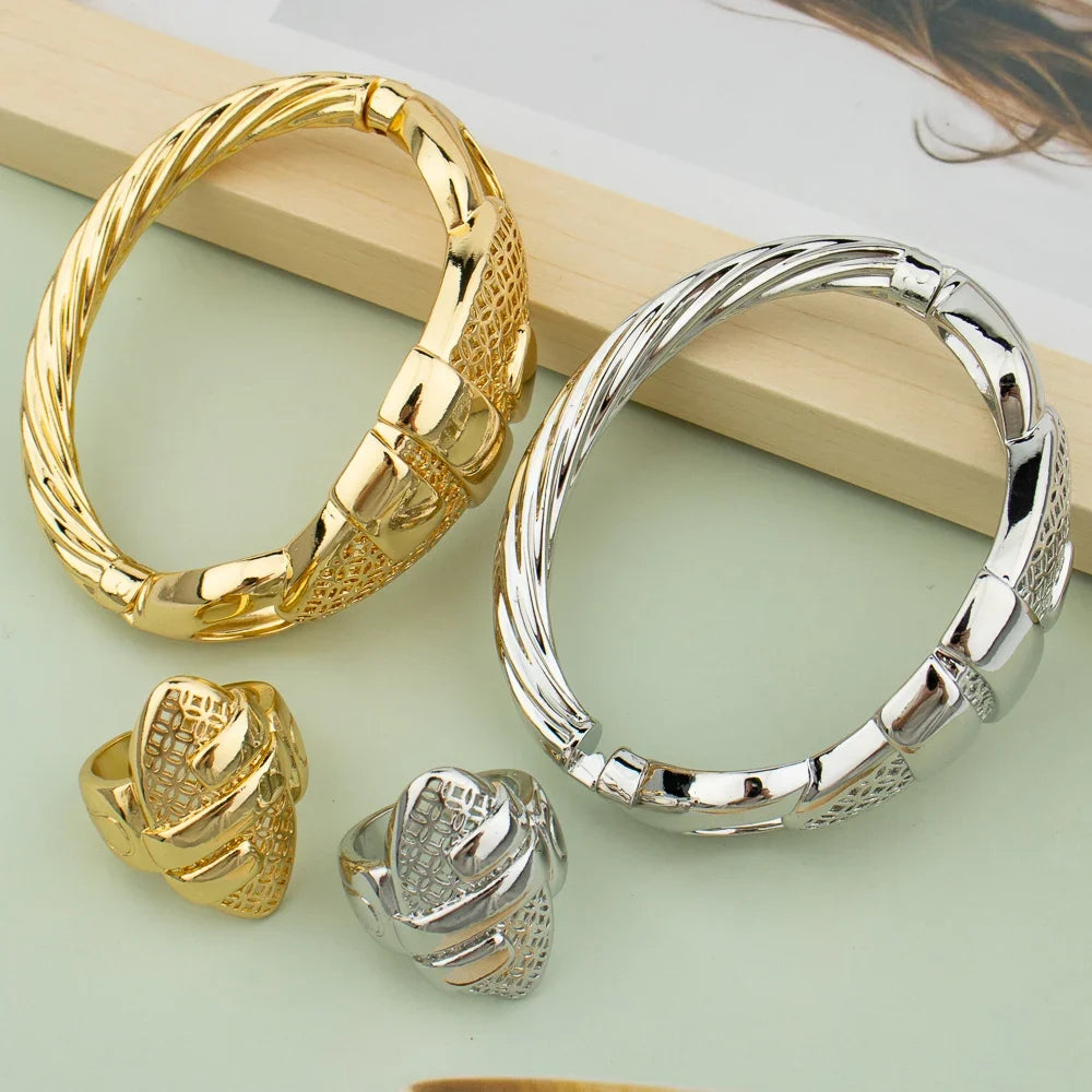 Cuff Bangle With Ring For Women 18K Gold Plated Bracelet Jewelry Nigerian Wedding Party Gift Dubai Hollow Out Design Bracelet