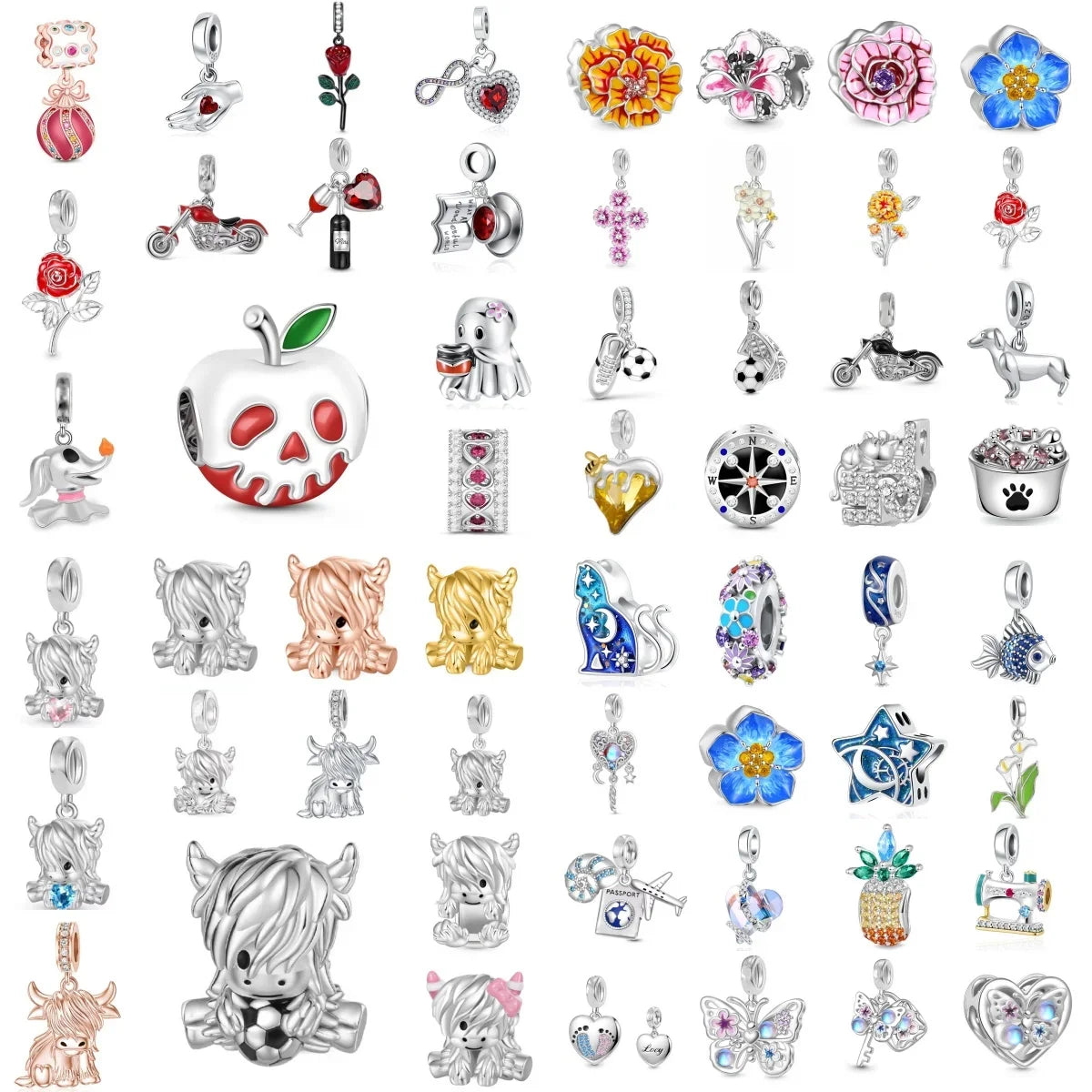 2026 925 Silver Flower, Butterfly, Highland Cow, Motorcycle Pendant Fit European Original Bracelet DIY Jewelry Exquisite Jewelry