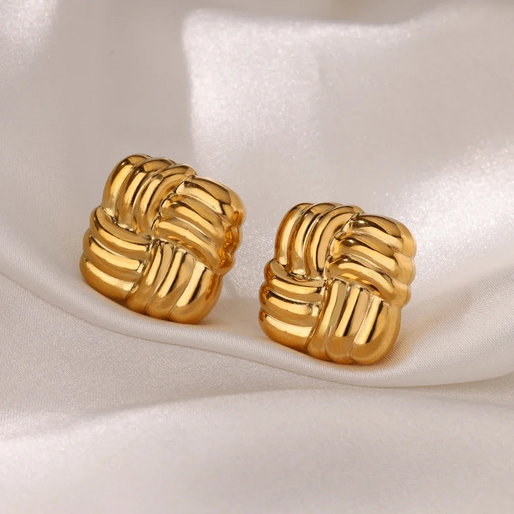 Temperament Square Texture Earring For Women Stainless Steel Gold Color Personality Trend Stud Earring Fashion Jewelry Exquisite