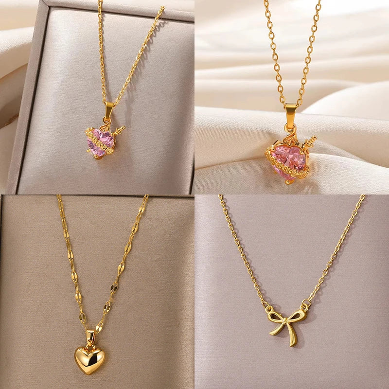 Pink Heart Zircon Necklace Gold Color Stainless Steel Cupid Eros Arrow Heart Pendant Necklace Korean Fashion Jewelry Girls Party