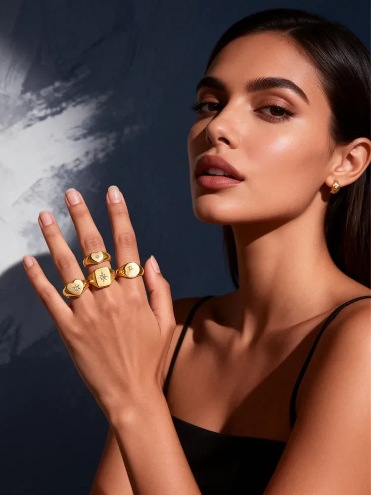 Stainless Steel Sunshine Signet Pinky Ring, Cubic Zirconia Inlay Ring Gold Plated, Non-Tarnish Fashion Jewelry