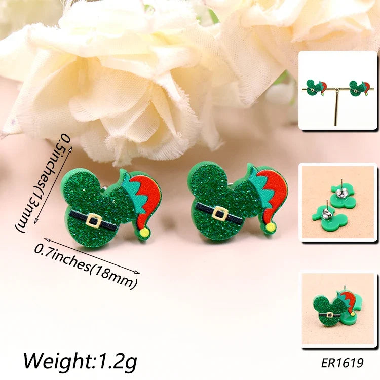 Custom Santa Hats Tree Mouse Head Turkey Glitter Acrylic Christmas Stud Earrings Stainless Steel Jewelry Wholesale
