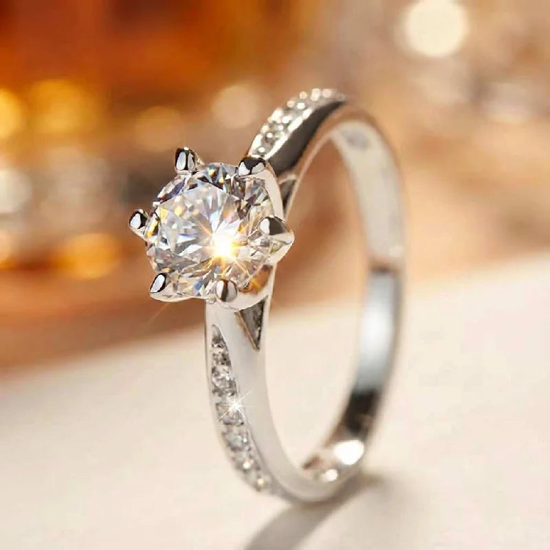 Luxury 925 Sterling Silver Classic Ring for Women Six Claw Jewelry Simple Imitation Diamond Women's Ring Engagement Wedding Gift