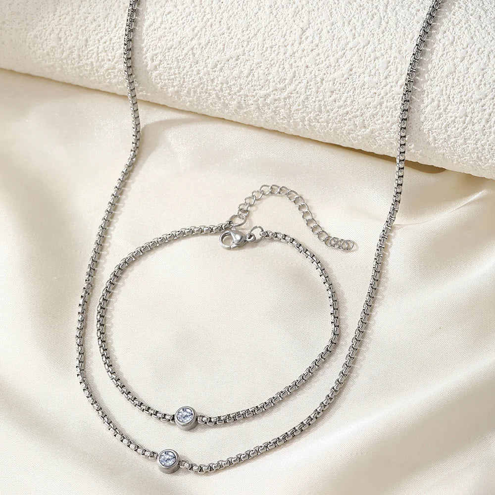 Boho Bead Chain Zircon Bracelet and Necklace Set, Waterproof Stainless Steel Women's Jewelry, Wife Girlfriend Gift