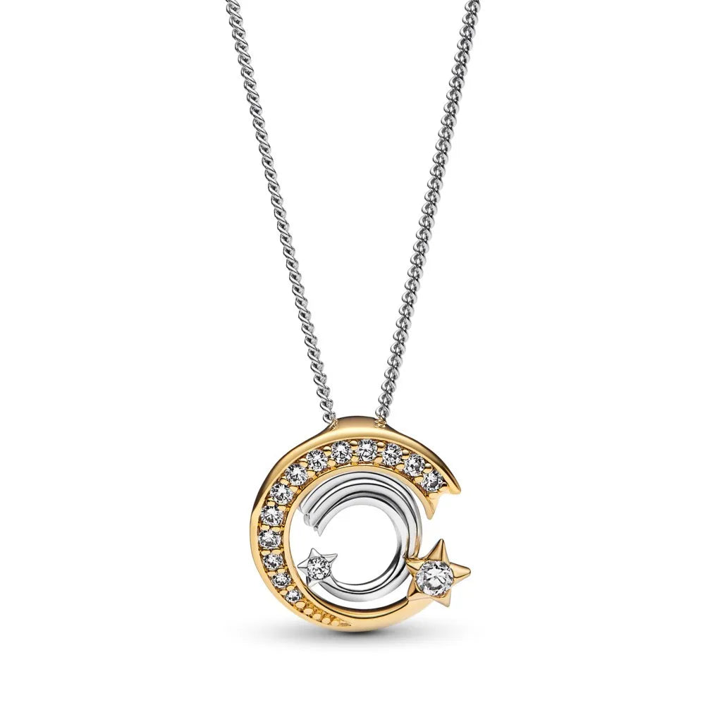 925 Sterling Silver Golden Moon Star Bow Necklace Fit Original Bracelet For Women DIY Fashion Jewelry Making
