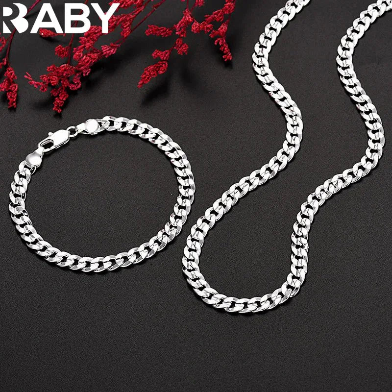 Hot high quality 925 Sterling silver charm 7MM Chain bracelets neckalces jewelry set for man women fashion Party wedding gifts