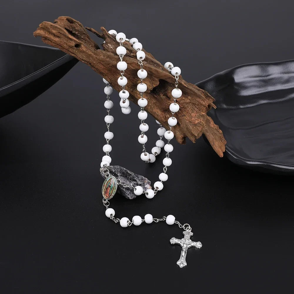 Wood Rosary Necklace For Women 6MM Wooden Prayer Beads Long Chain Religious Virgin Mary Cross Pendant Men Party Jewelry Gift