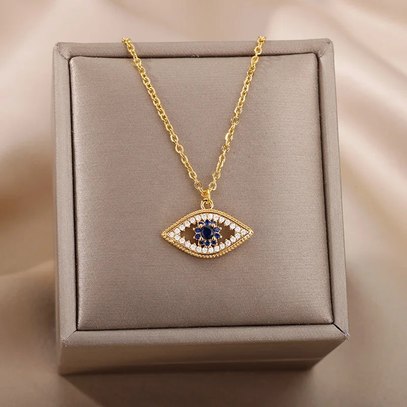 Zircon Evil Eye Pendant Necklace For Women Stainless Steel Turkish Eye Fatima Hand Chain Choker Collar Goth Jewelry onlyfans