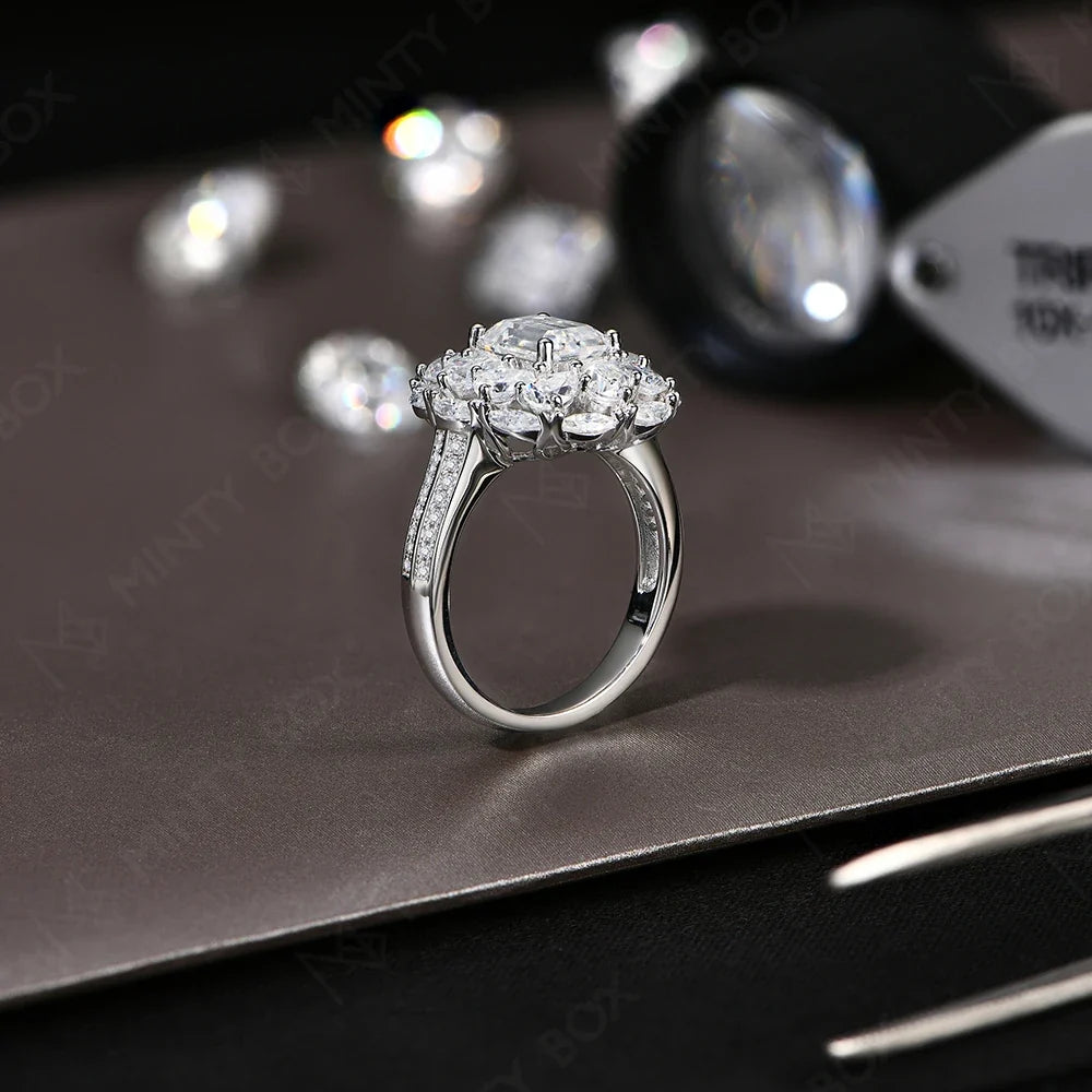 MINTYBOX 2.0ct Flower Design Halo Emerald Cut Engagement Ring Lab Diamond S925 Silver Moissanite Rings For Women 18K Gold Plated