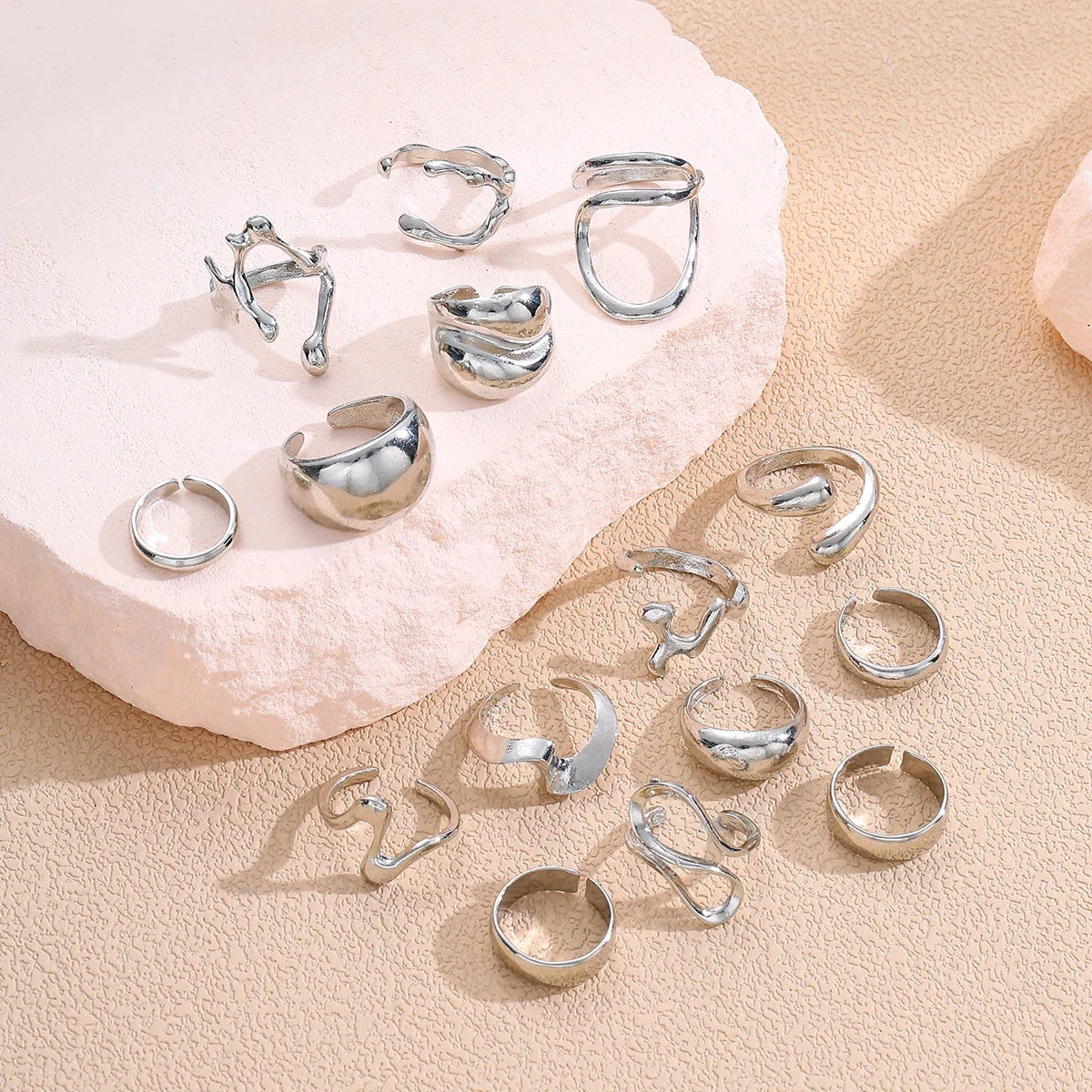15Pcs Punk Smooth Geometric Open Rings Set For Women Exaggerated Irregular Silver Color Thick Chunky Ring Hip Hop Jewelry Gifts