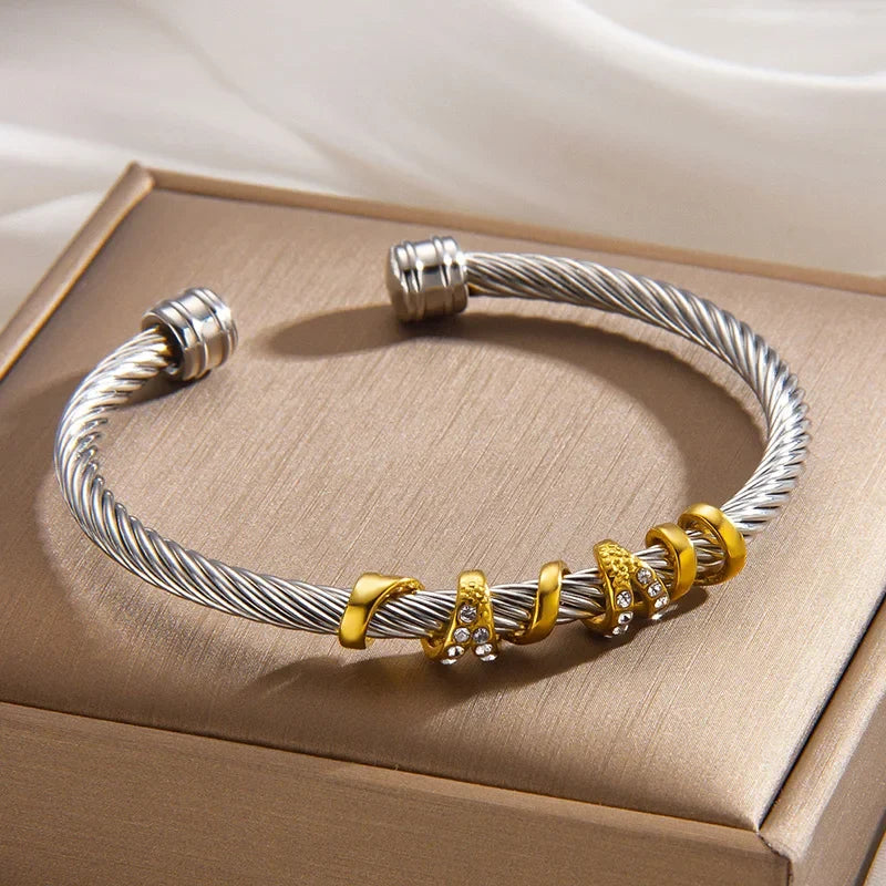 1pcs Stainless Steel Gold-plated Bangle Trendy Retro Hip-hop Style Bracelet Fried Dough Twists Steel Wire Rope Colorfast Bangle