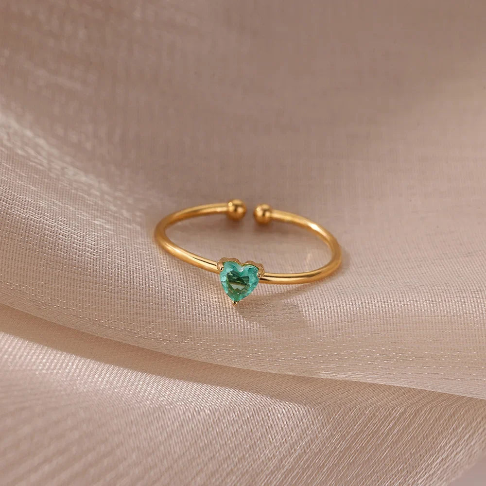 Stainless Steel Birthstone Open Rings for Women Fashion 12-color Crystal Zircon Heart Ring Birthday Aesthetic Jewelry Gift