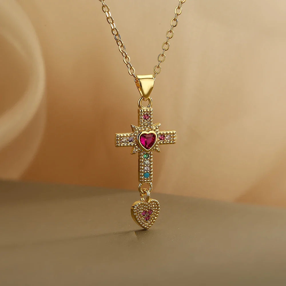 NEWBUY Unique Design Eagle Heart Cross Pendant Gold Color 316L Stainless Steel Chain Necklace CZ Party Jewelry Femme Bijoux