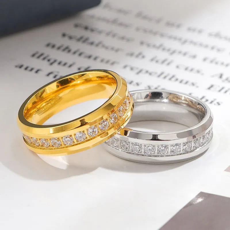 6mm Stainless Steel Groove CZ Eternity Ring Wedding Band for Women Men Size 5-10