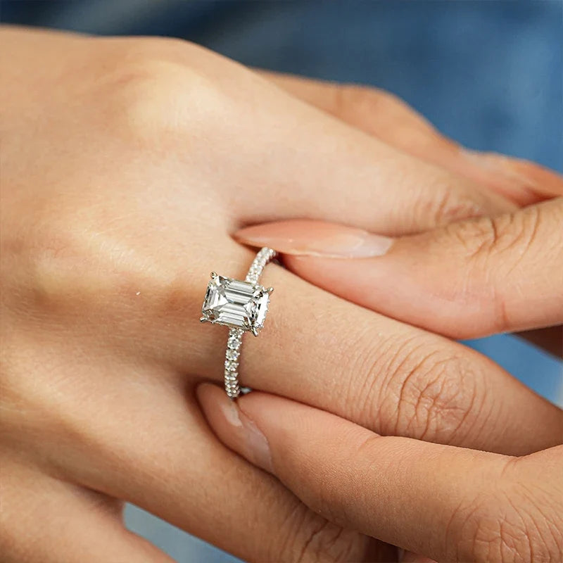 NeeTim 1ct 2ct 3ct Emerald Cut Moissanite Rings for Women 925 Sterling Silver Lab Diamond Wedding Engagement Ring Gemstone Band