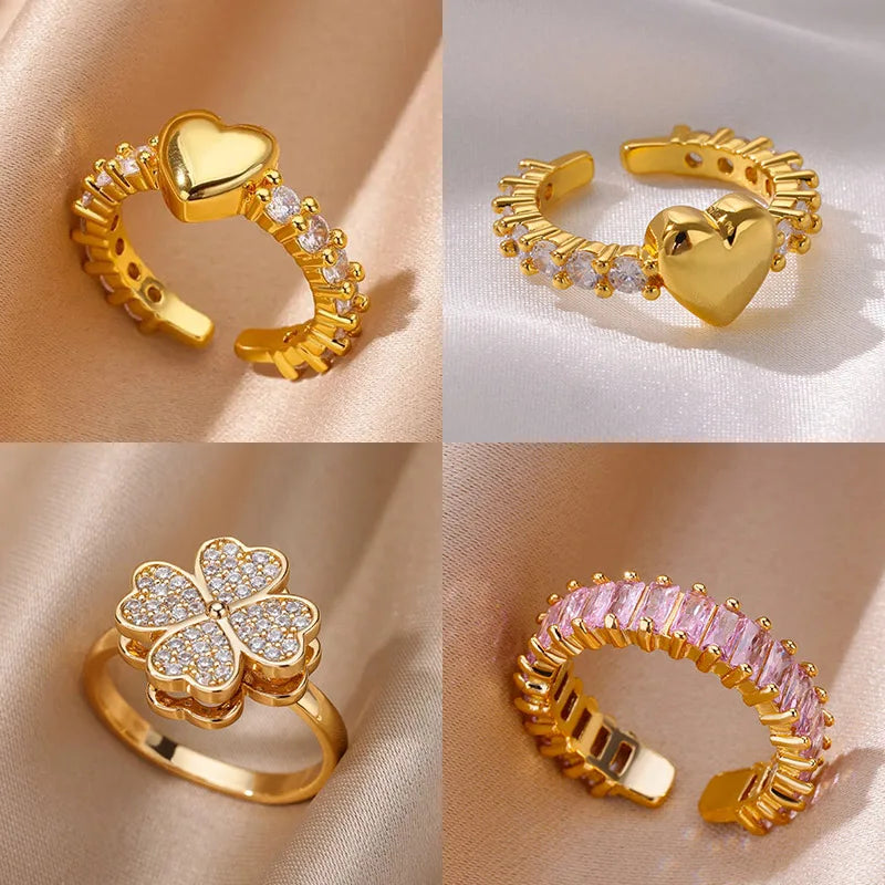 Zircon Tiny Heart Rings For Women Gold Color  Stainless Steel Opening Heart  Finger Femme Wedding Party Jewelry Gift 2024