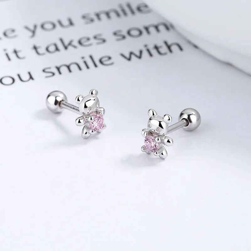 925 Sterling Silver Adorable Bear Ear Studs Screw-On Ear Plugs Stylish Ear Jewelry Exquisite Gift